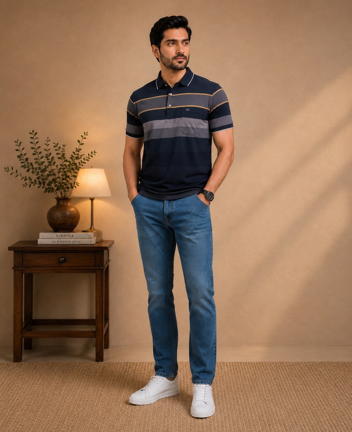 Premium Striped Polo T-Shirt and Denim Pant